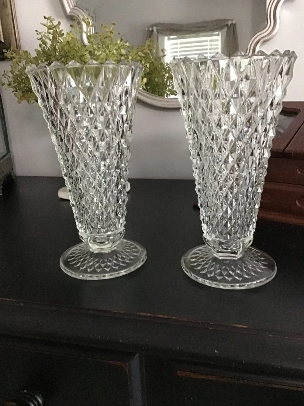 Indiana Glass Clear Diamond-Pattern Pressed Glass Pedestal Vases - Pair (Clear)
